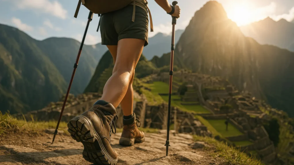 A traveler checking their backpack and hiking boots