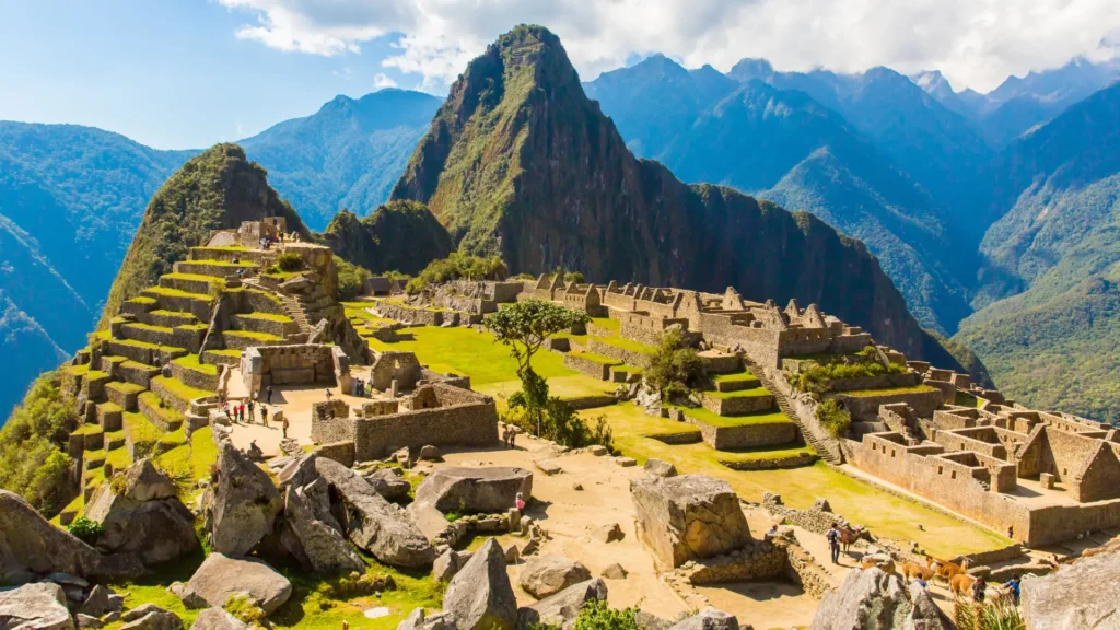A panoramic view of the Machu Picchu citadel at sunrise