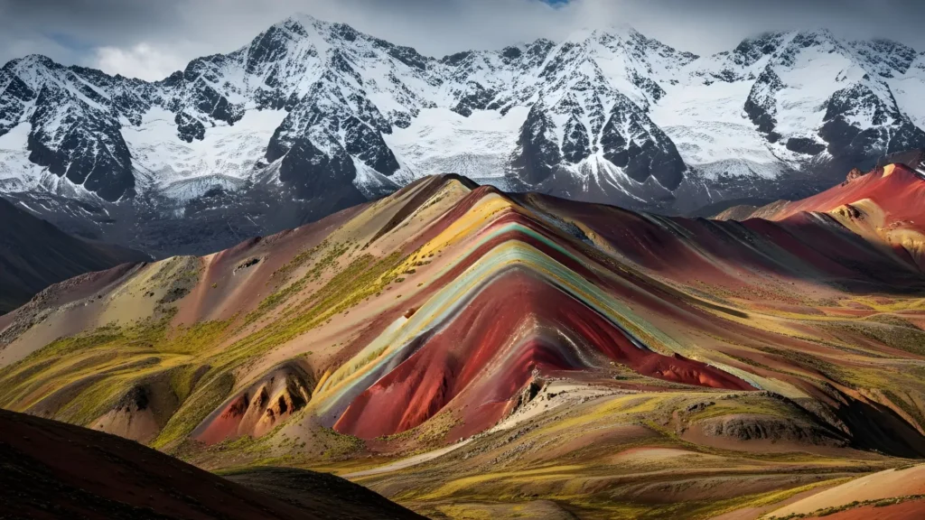 Trekkers walking on the ridge towards the Rainbow Mountain Vinicunca viewpoint
