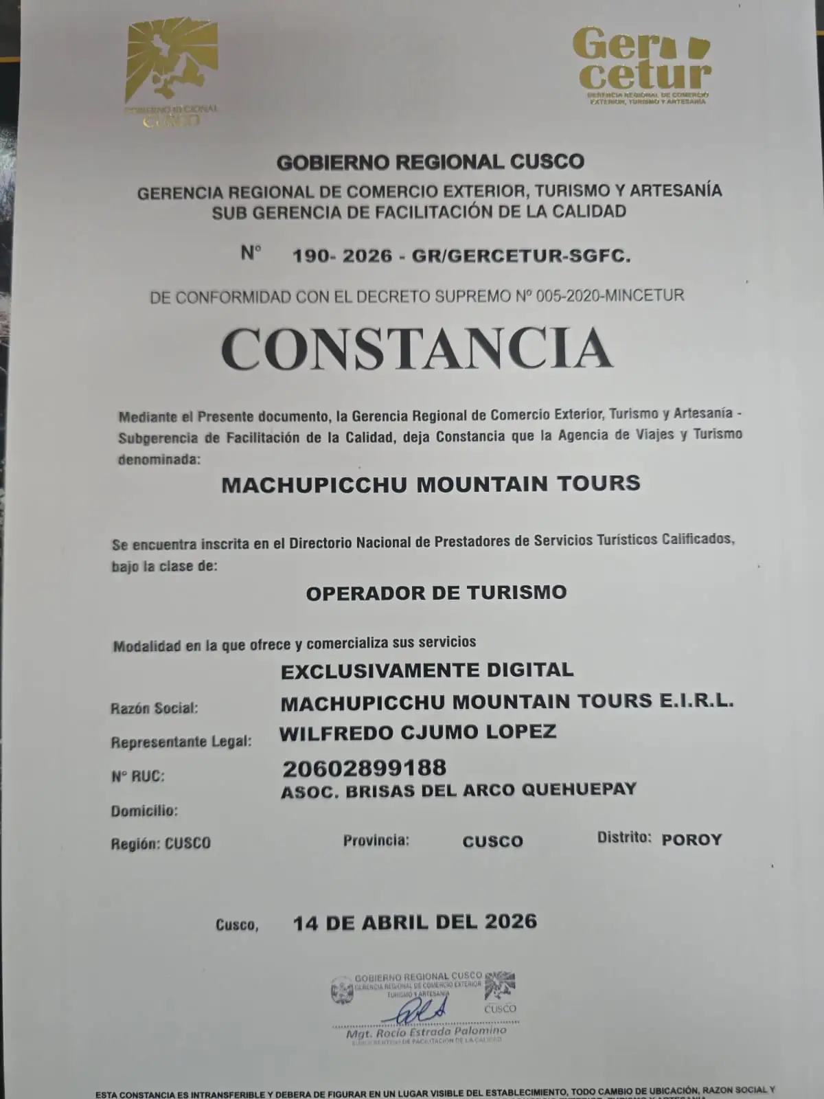 GERCETUR Certificate